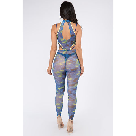 Come With Me Mesh Jumpsuit - Royal Blue/Combo