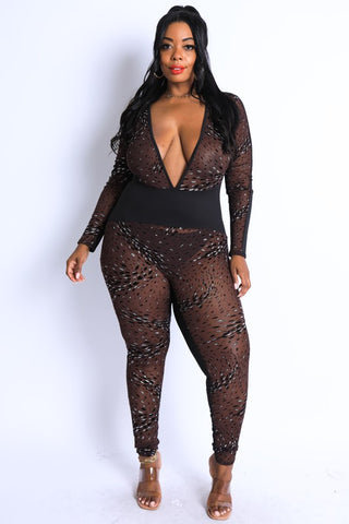 Coming In Mesh Jumpsuit - Brown/Combo