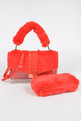 Vanessa Faux Fur Studded Bag - Red
